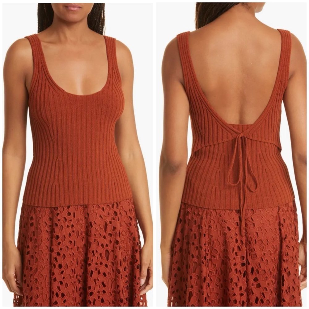 New Vince Rib Tie Back Cotton Blend Tank Top Rust Amber Sz L